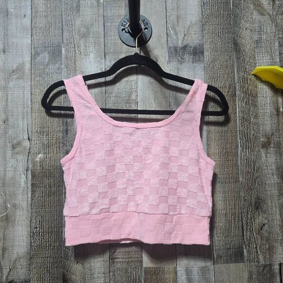 5/$25 Mono B Talulah Pink Checkerboard Velour Crop Top - Picture 1 of 3
